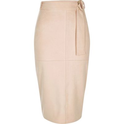 Light pink faux suede belted pencil skirt